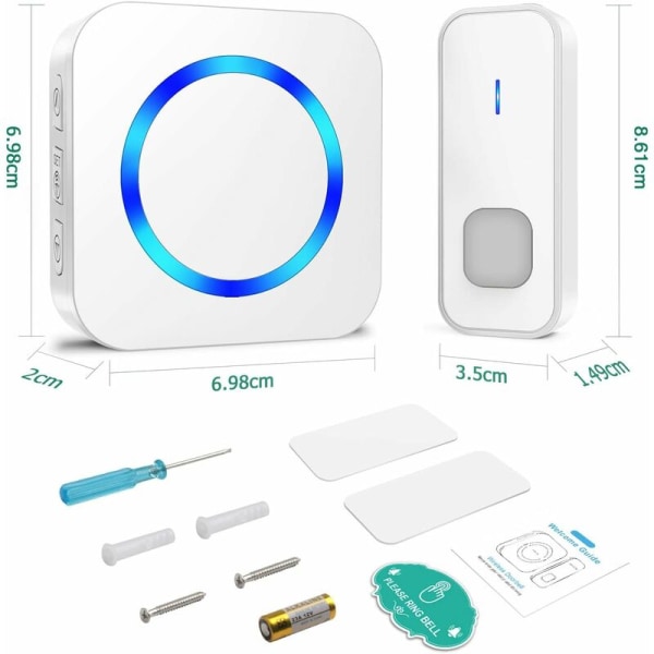 Trådløs dørklokke 400M Vandtæt elektronisk klokkekit med batteri, 55 melodier ved 5 lydstyrkeniveauer til hjemmet, blå LED-indikator, hvid