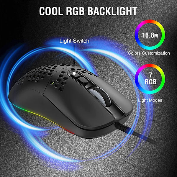 Trådbunden RGB-spelmus, Ultralätt, Bikakeskal, RGB-LED Lätt Glidande PTFE-fötter, Hyperflex USB-kabel, 800 till 8000 DPI för Windows
