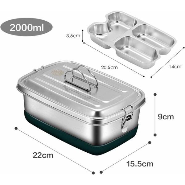 Madkasse madkasse 304 rustfrit stål madkasse 2000 ml stor madkasse 3 rum metal madkasse picnic skole kontor voksen mikrobølgeovn