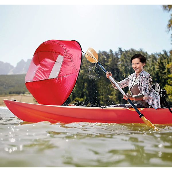 Hopfällbart segel för kajak, kanot, downwind, med transparent fönster, rött