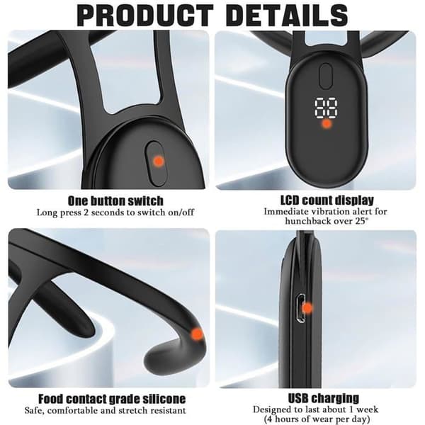 1 Holdningskorrigerende støtte, 25° vibrationssensor, ABS-silikone, USB-genopladelig, unisex til voksne og børn.