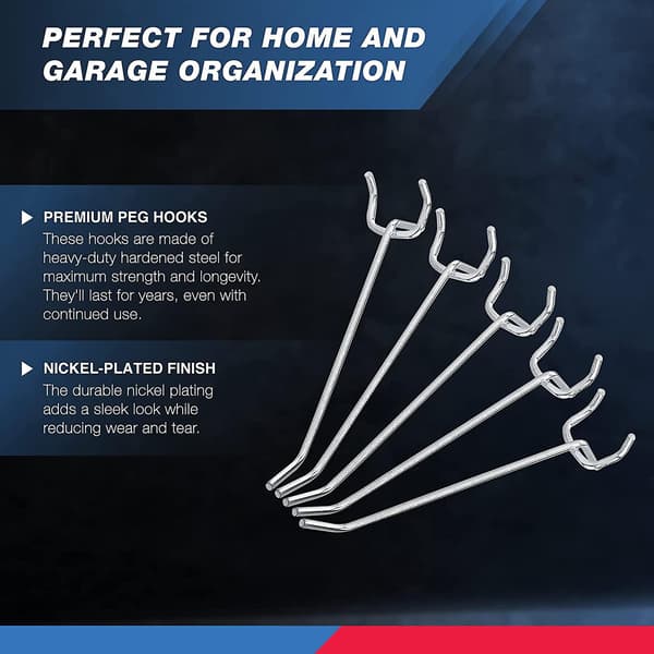 4\" Heavy Duty Pegboard Hook Set, 50-Pack, 1/4\" Nail Hooks for 1 Spacer Pegboard, Utility Hooks