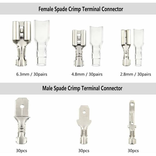 270 stk kabelterminal, kabelforbindelse T-forbindelse, han-hun spade ledningsforbindelse crimp terminalblok med isoleringsmuffe 2,8 mm 4,8 mm 6,3 mm