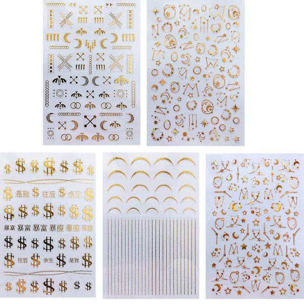 5 Ark Luxury Nagelkonst Dekaler Nageldekaler Designer Guld Anpassade Pengakedja Måne Stjärnor Bin Nageldekaler För Falska Bad Girl Pop Fingernageldesign
