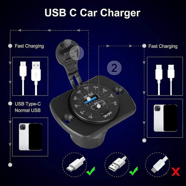Usb C-billaddare med strömbrytare och voltmeter för båt