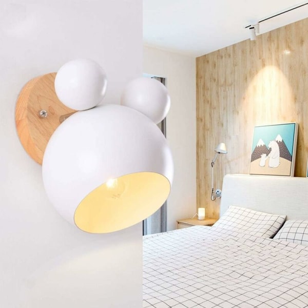 Kreativ tegneserie Mickey Mouse Trævæglampe Nordic Macaron LED væglampe til børn Læsning Soveværelse Sengelampe E27 væglampe (hvid??)