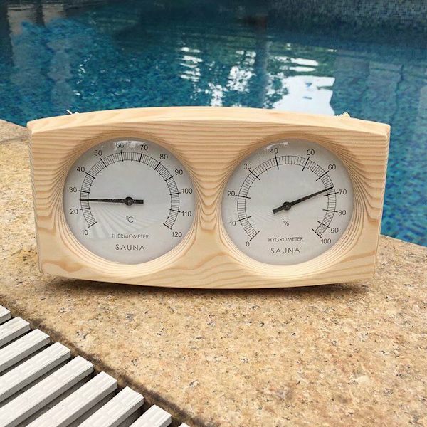 Hygrometer och termometer i furu för bastugolv, spa och bastutillbehör