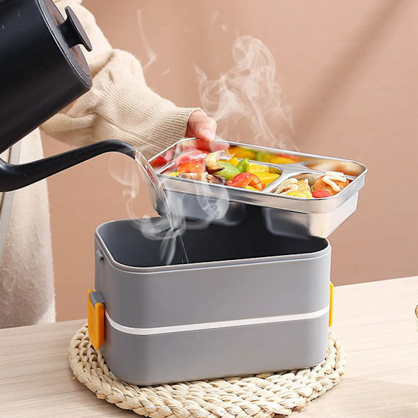 21,5*12,2*13,7 cm 2 lager grå lunchlåda arbete student utomhusaktiviteter resor mikrovågsugn uppvärmning matbehållare plast Bento-låda