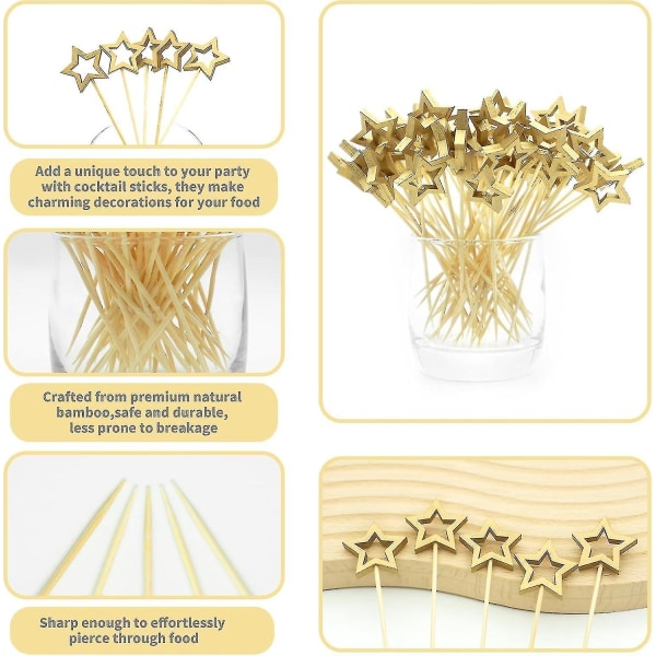 Guld Star Bambu Cocktailpinnar, 14 cm Långa Dekorativa Tandpetare Spettar För Frukt Och Dryck Garnityr, Jul Dekorationer 50 st