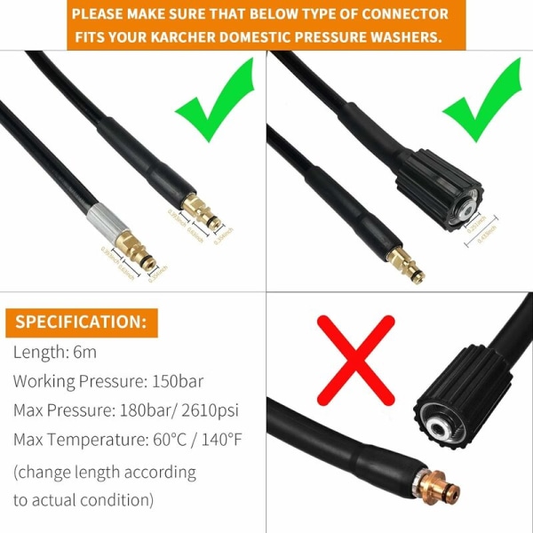 6 m högtrycksslang, högtrycksslang med Quick Click - Quick Connect-adapteradapter, utrustad med Tujad modell K??rcher M22