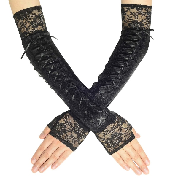 Lace Up Fingerless Handskar Långa armbågshandskar För Kostym Party Lace-up Arm Warmer