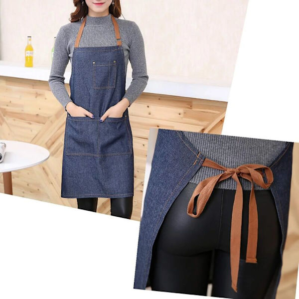2 x Säädettävä Denim-keittiöesiliina, jossa on suuret taskut miehille ja naisille ruoanlaittoon, grilliin, kahvilaan, tarjoilijalle, baarimikolle, ruoanlaittoesiliina