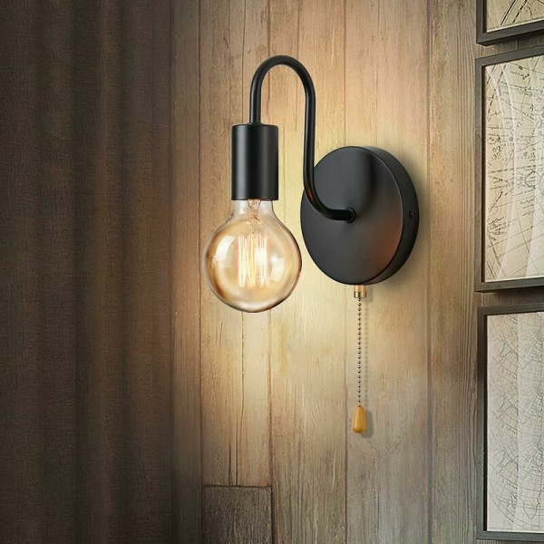 Vintage vägglampa E27 standarduttag industriell inomhuslampa i metall med strömbrytare (utan glödlampa, svart)