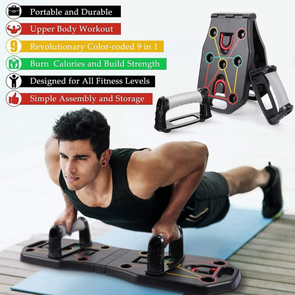 Push-up-bräda, 9-i-1 hopfällbar muskelbräda med motståndsband, multifunktionshemträning press-up-bräda, gym träningsutrustning Push-up board för