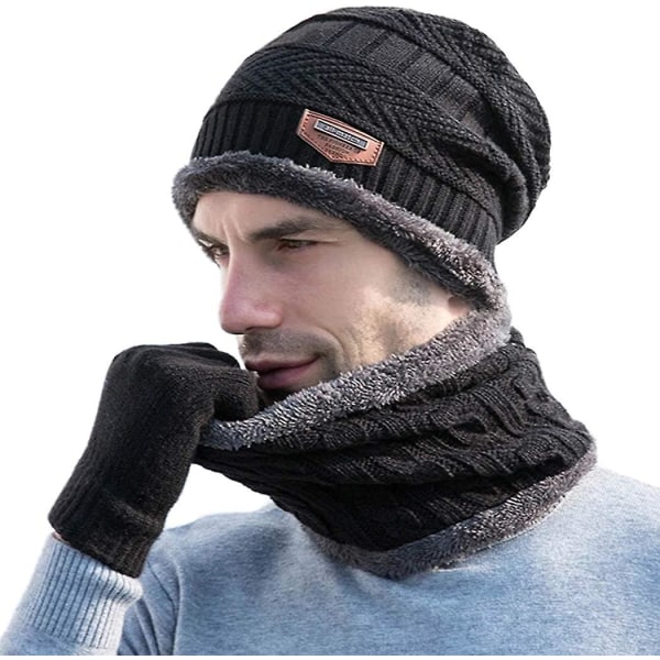 Crday Winter Knit Beanie Hat Neck Warmer Scarf och Touch Screen Handskar Set för män Gift