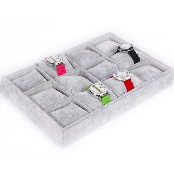 12 Fack Watch Box Grå Fashion Mocka Is Sammet Displaybricka med Kudde