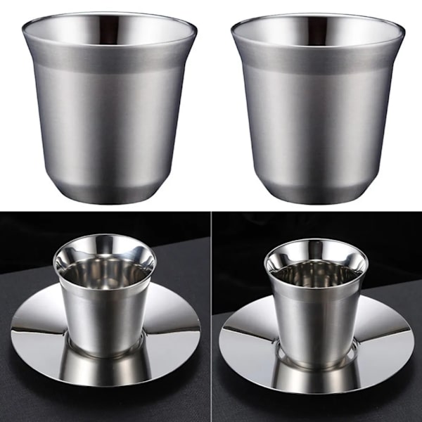 Set med 2 80 ml espressokoppar i rostfritt stål termokopp isolerade te-kaffekoppar dubbelväggig mockakopp med rostfritt stål underlägg