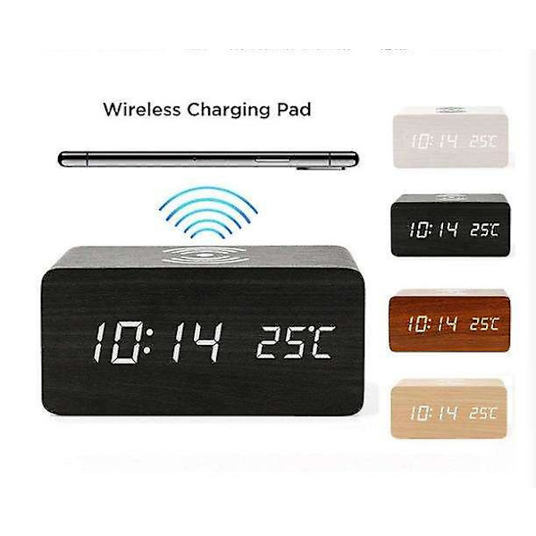 Digital väckarklocka FM-radio, 10 W snabb trådlös laddningsstation för iPhone/Samsung Galaxy, USB-laddningsport, väckningsljud, sovrumssömntimer, trä L