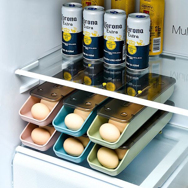 Automatisk rullande äggförvaringslåda plastförvaringsbehållare kök kylskåpsförvaring och organisation äggställ korg kartong 1 st (rosa)