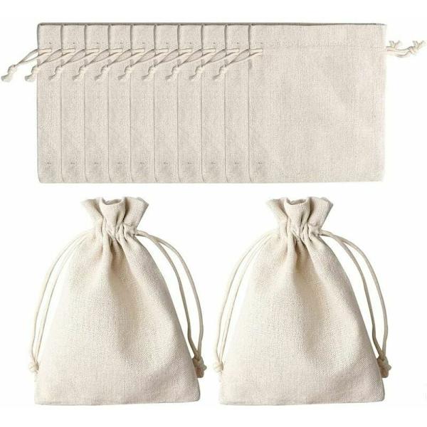 Set med 12 små bomullspåsar 12 x 17 cm beige bomullspåse med dragsko naturpåse för smyckesgåva tygpåse