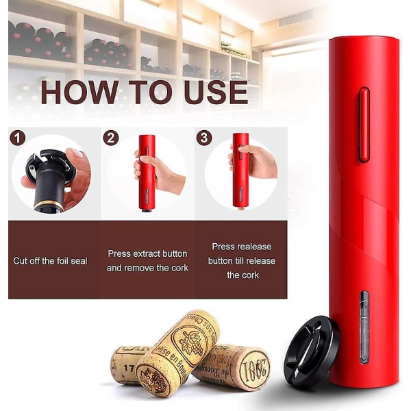 Elektrisk vinöppnare med avtagbar gratis folieskärare, elegant röd öppnare Batteridriven automatisk vinflasköppnare med vinpropp och folieskärare