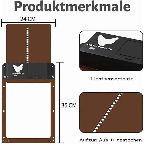 Automatisk hønsehusdør med sensor, hønsehusdør, automatisk hønsehusdør, automatisk hønsehusdør (brun)