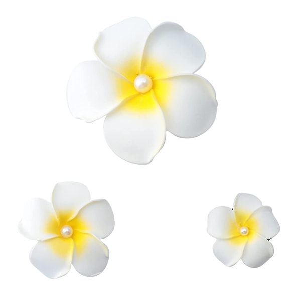 3 st Plumeria hårklämmor med pärlor Multi Size White Hawaiian Foam Håraccessoarer