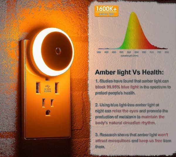 Amber nattlys, Plug-in LED nattlys, skumring til daggry-sensor, energisparende, Plug-in, S
