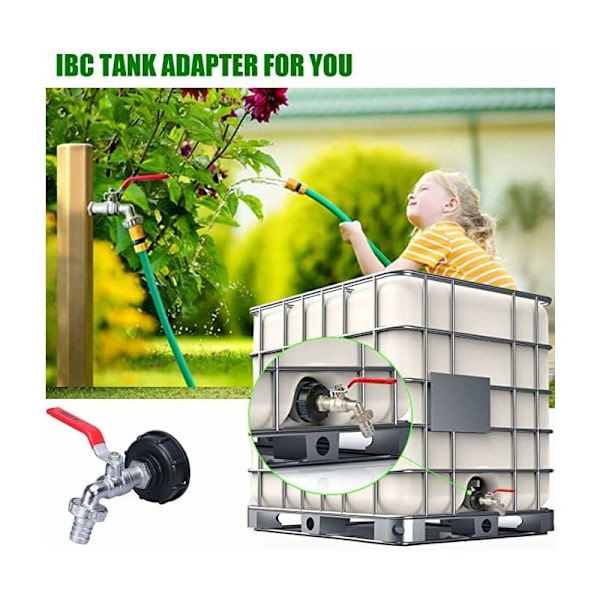 Hane Tank 1000L Regnvandssamler, IBC Vandtank Adapter 1/2' Dobbelt Regn, Legering Materiale Hane Lavet af PP Grov Gevind 60mm
