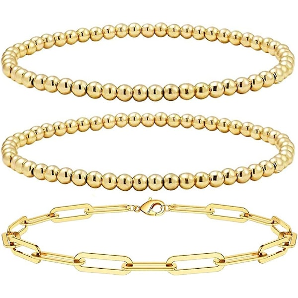 Guldperle Lagt Armbånd Til Kvinder, 14k Guldbelagt Perle Kuglekæde Armbånd Til Kvinder Stabelbare Stræk Elastiske Guld Armbånd D: 4mm+4mm