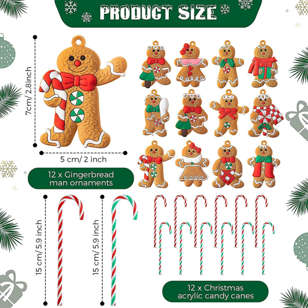 24 st julgodis sockerrör och pepparkaksgubbe ornament i akryl julgodis pepparkaka hängande prydnad julgran hängande dekoration