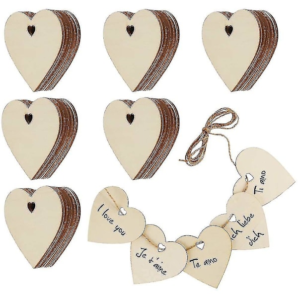 60 st trä hjärtformade ornament skivor med hål för bröllop, hängande och hantverk Halloween dekoration tagg - 8cm