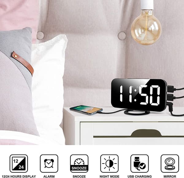 Digital väckarklocka, stor LED-spegeldisplay, automatiskt dimningsläge, modern designklocka