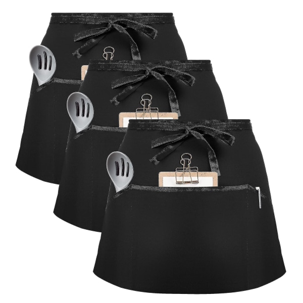 3-pack midjeförkläde, svarta servitörservitrisförkläden med 2 fickor Bistro Restaurang Trädgårdsarbete Halvförkläde för män