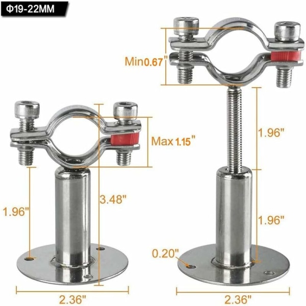 4 stk rustfrit stål vægbeslag til 19-22 mm diameter rør, rustfrit stål justerbare rørstøtteklemmer