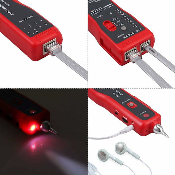 Trådspårare RJ11 RJ45 Finder Ethernet LAN Multifunktion Toner Tracer Nätverkskabel Snack Telefonledning Kontinuitetstestare (Röd)