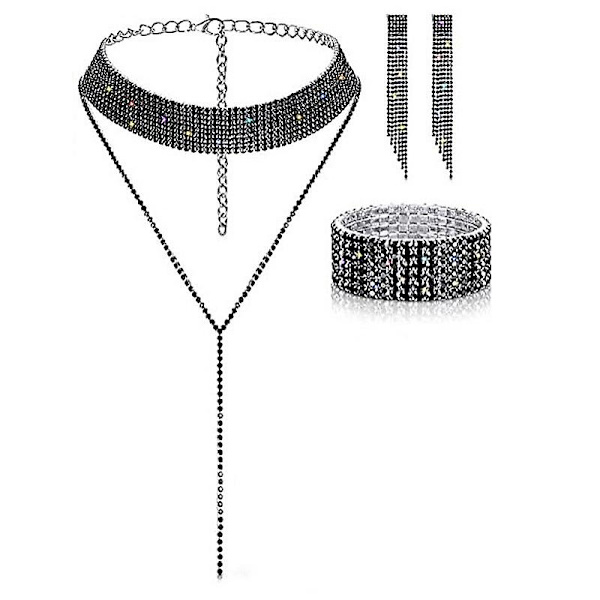 3-delat kvinnors strass tofsar smyckesset choker armband örhängen för bröllop brudfest svart