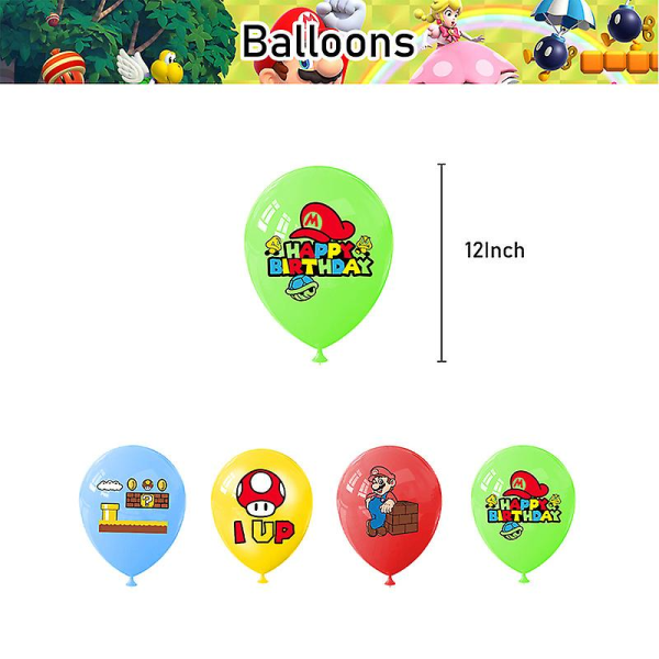 Super Mario Party Dekoration Baby Shower Födelsedagsservis Tillbehör Papperskopp Bordsduk Antal Ballong Tårta Toppers BakgrundMixa ballonger 18st