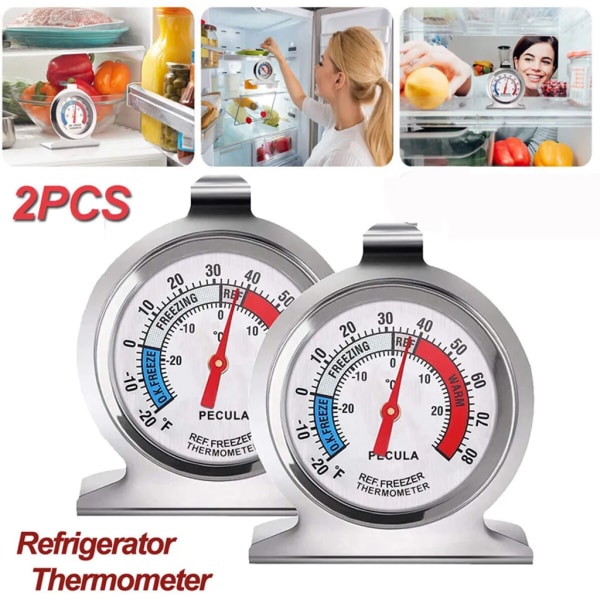 2x Kylskåpstermometer Kökstermometer i rostfritt stål, stor urtavla med röd display, temperaturmätare för kylskåp