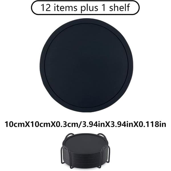 Sæt med 12 coasters, silikone, sort, 10 cm, metalholder, skridsikker, stue, køkken.