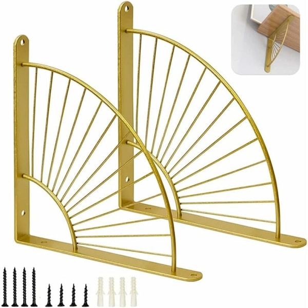 Väggmonterad hylla i metall, 20 cm, väggmonterad hylla, flytande triangulär hylla, fläktform, för kök, sovrum, kontor, guld