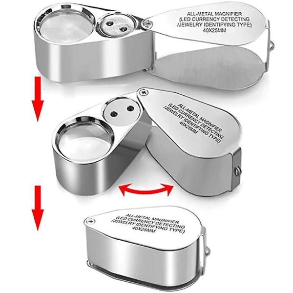 40x helmetallbelyst smyckeslinga förstoringsglas, fickvikt förstoringsglas Juvelerare ögonlupp med led (led valutadetektering/smyckenidentif.