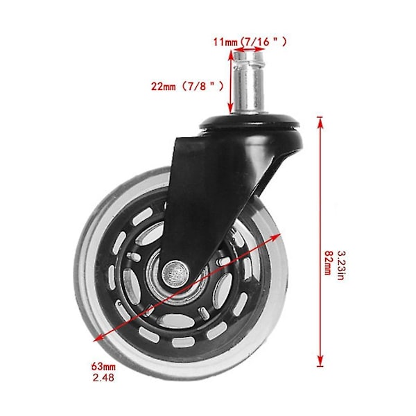 3-tums PU Universalhjul Circlip Caster Svart Stark Lastbärande Transparent Hjul Kontorsstol Tyst Hjul Försäljning