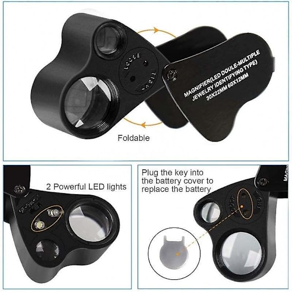 30x 60x Upplyst Juvelerare Lupp Fällbar Förstoringsglas Med Led-Ljus För Smycken Ädelstenar Klockor Mynt Frimärken Antika Svart