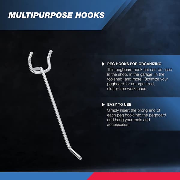 4\" Heavy Duty Pegboard Hook Set, 50-Pack, 1/4\" Nail Hooks for 1 Spacer Pegboard, Utility Hooks