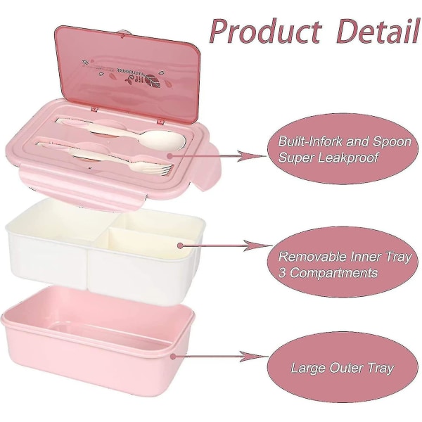 Lunchlådor, Bento-lådor, Lunchlådor, läckagesäkra lunchlådor för barn och vuxna, Bento-lunchlådor med 3 fack och bestick（rosa）