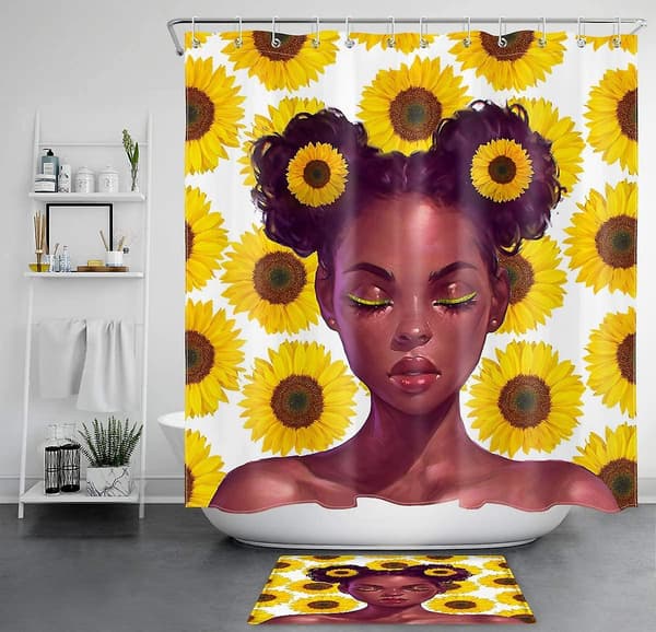 Svart flicka solros duschdraperi tryckt duschdraperi med krok 150*180cm