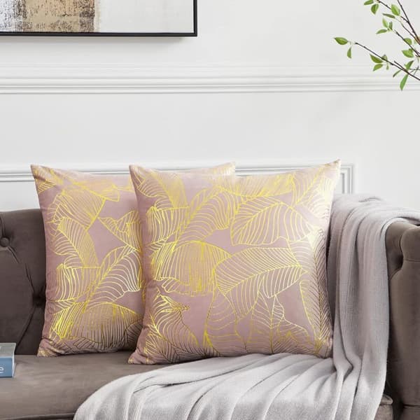 Kuddfodral 45 x 45 cm Sammet Guld Löv Kuddfodral för Soffa Dekorativt Kuddfodral Prydnadskudde för Soffa Sovrum Vardagsrum Set om 2