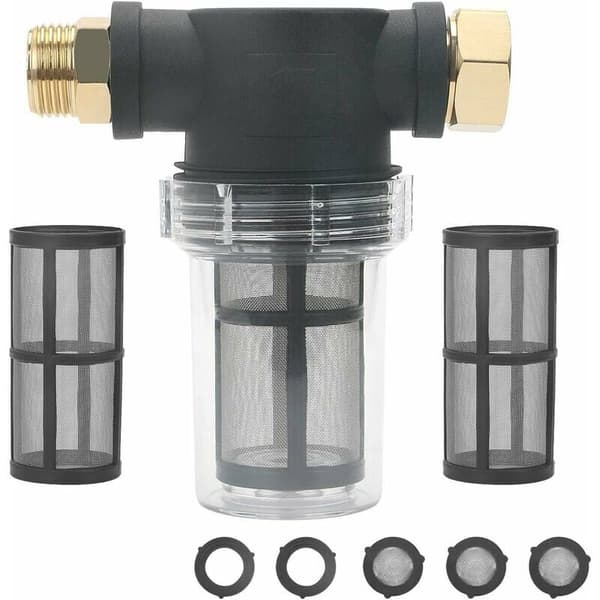 3/4 trädgårdsslangfilter för högtryckstvätt, sedimentfilter, vattenfilter, vattenfilter med 2 x 100 nätfilter