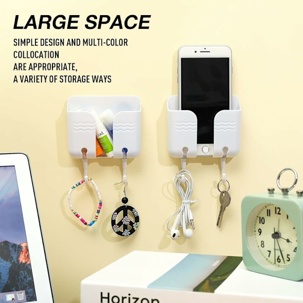 Väggmonterad förvaring för mobiltelefon, självhäftande mobiltelefonhållare och stativ, multifunktionell fjärrkontrollväggmontering, 6-pack (vit)